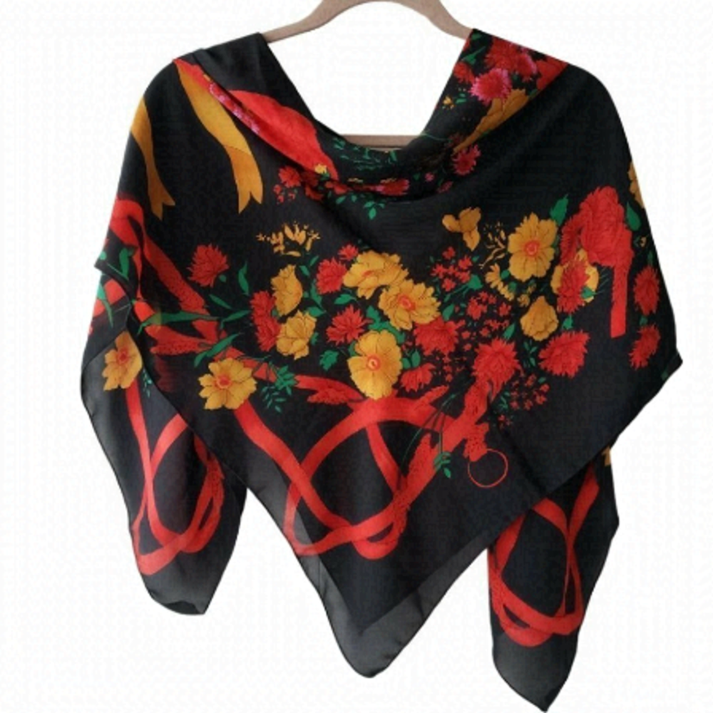 Large Chiffon Scarf Shawl Black With Red And Orange Flowers